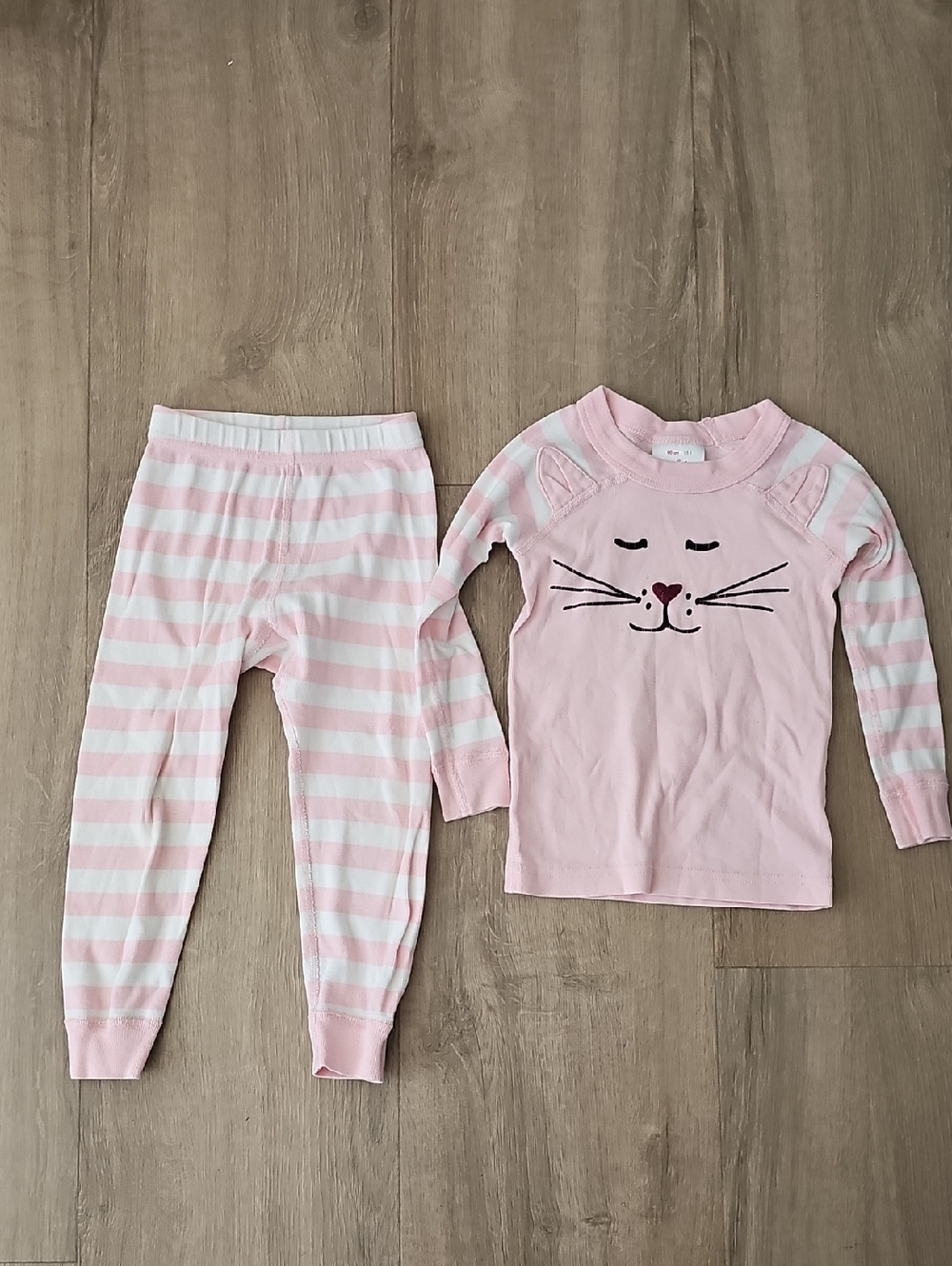 Hanna Andersson Pink Striped Cat Face Pajama Set Girls Size 3T